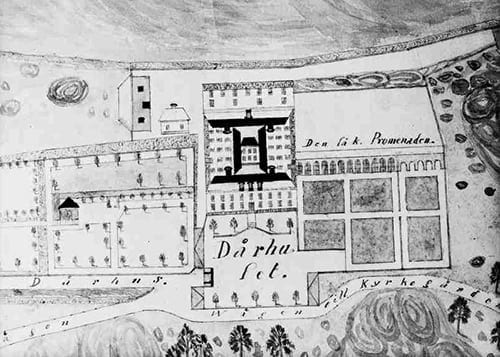  Plankarta över dårhuset med omgivningar från 1848. Foto från Wikipedia.